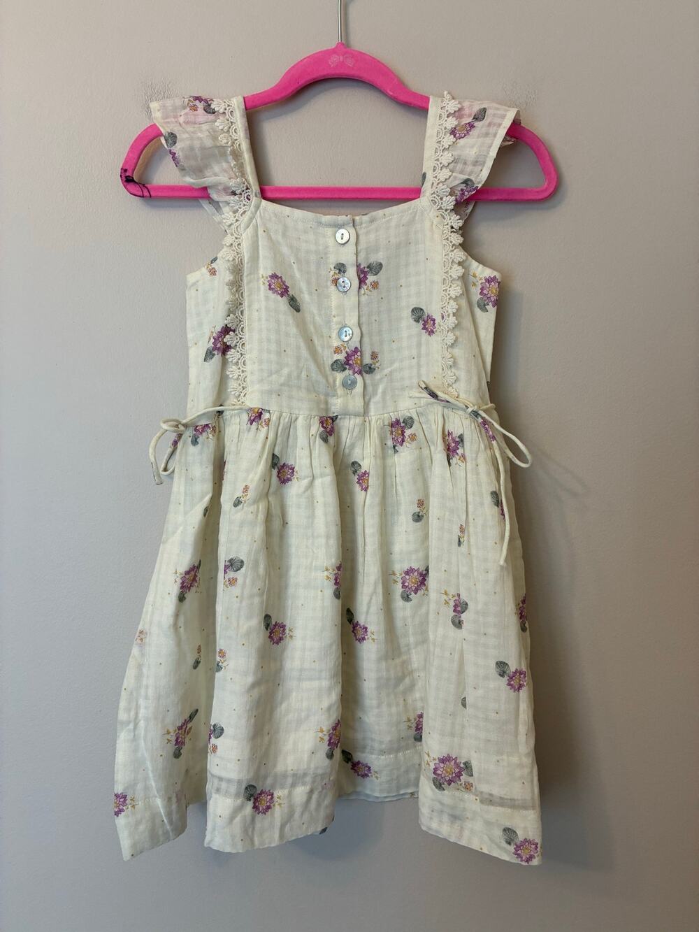 LALI Kids Dress Floral Cotton Button Front Ruffle Sleeve White Purple Girls 4